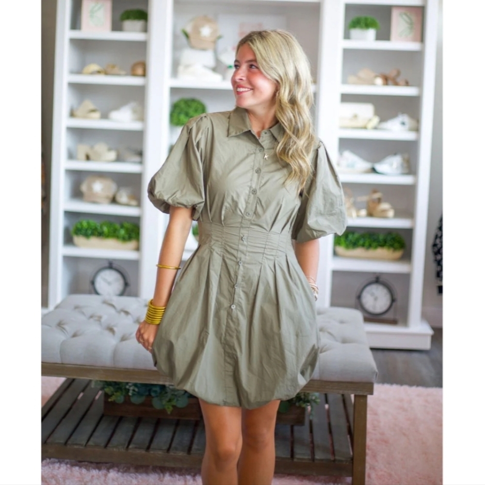 Karlie Solid Pleat Bubble Hem Mini Shirt Dress Button Up Olive Green Womens Sz S - Picture 2 of 15